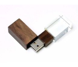 USB-флешка на 32 Гб прямоугольной формы, под гравировку 3D логотипа, материал стекло, с деревянным колпачком красного цвета, синий, 32Gb