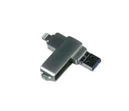 USB-флешка на 64 Гб, интерфейс USB3.0, поворотный механизм,c дополнительными разъемами для I-phone Lightning и Micro USB,  полностью металлический корпус, серебро, 64Gb