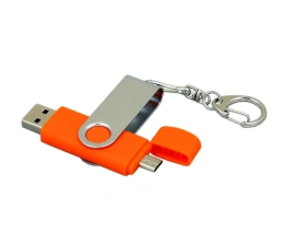 Флешка с  поворотным механизмом, c дополнительным разъемом Micro USB, 32 Гб, оранжевый, 32Gb