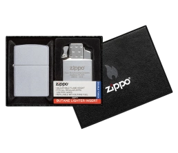 Набор ZIPPO: зажигалка 205 с покрытием Satin Chrome™ и газовый вставной блок с двойным пламенем