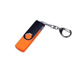 USB-флешка на 64 ГБ поворотный механизм, c двумя дополнительными разъемами MicroUSB и TypeC, оранжевый
