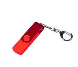 USB-флешка на 64 ГБ 3 в 1 поворотный механизм, c двумя дополнительными разъемами MicroUSB и TypeC C с одноцветным металлическим клипом, красный
