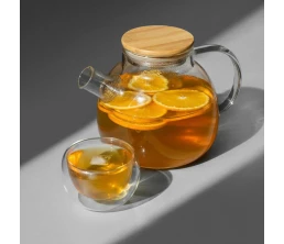 Стеклянный заварочный чайник Sencha с бамбуковой крышкой