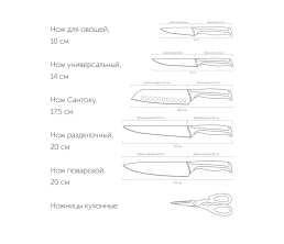Набор из 5 кухонных ножей, ножниц и блока для ножей с ножеточкой, NADOBA, серия URSA