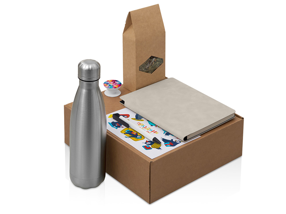 Подарочный набор с термобутылкой, блокнотом, ручкой и чаем, белый Подарочный набор с термобутылкой, блокнотом, ручкой и чаем, белый