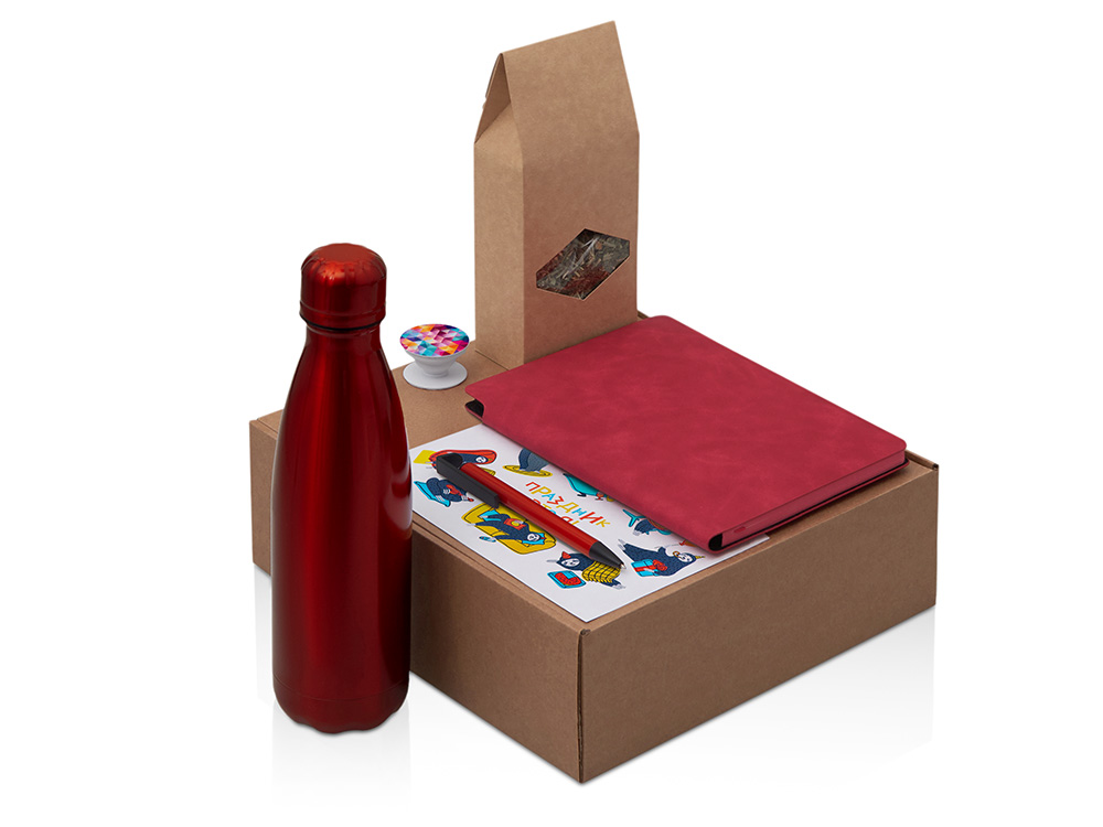 Подарочный набор с термобутылкой, блокнотом, ручкой и чаем, красный Подарочный набор с термобутылкой, блокнотом, ручкой и чаем, красный