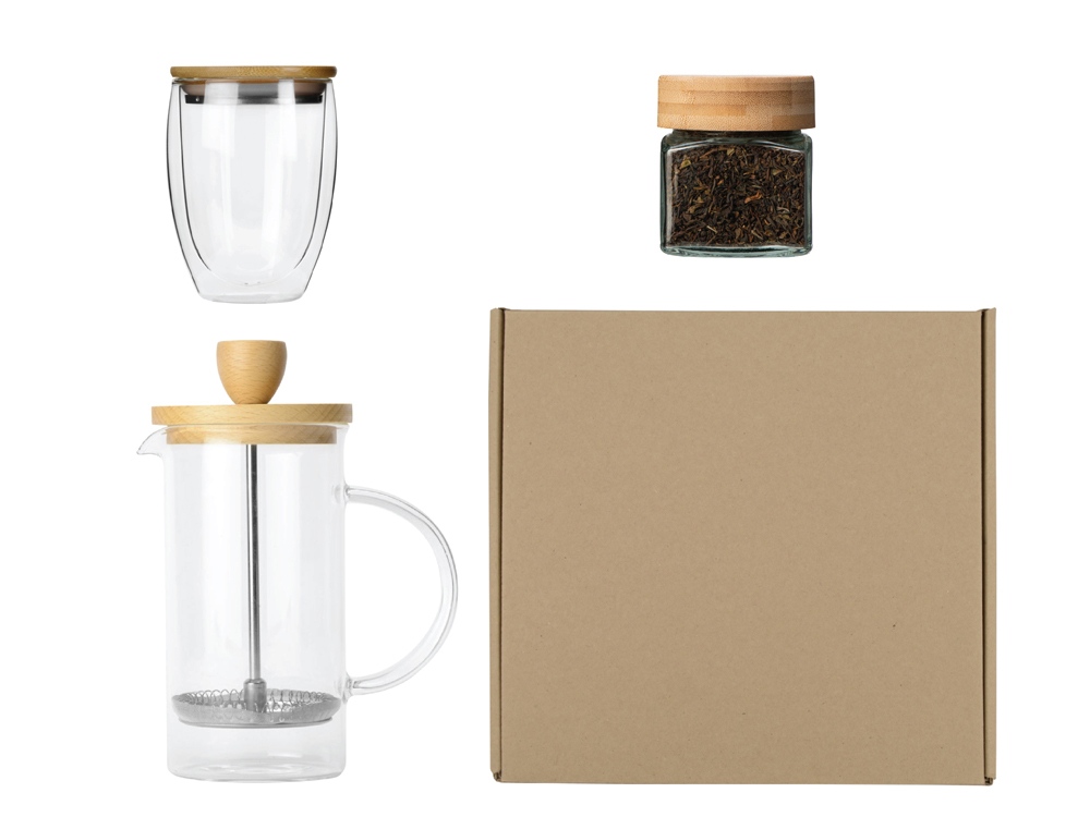 Подарочный набор для кухни с френчпрессом, стаканом и чаем Подарочный набор для кухни с френчпрессом, стаканом и чаем
