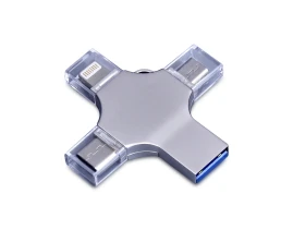 USB-флешка на 128 Гб 4 в 1 поворотный механизм, c дополнительными разъемами MicroUSB, TypeC и Lightning, серебристый