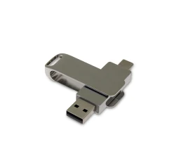 USB-флешка на 16 Гб поворотный механизм 2 в 1, c дополнительным разъемом Type-C с одноцветным металлическим клипом, серебристый
