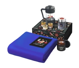 Подарочный набор c пледом, френчпрессом, чаем и медом, синий