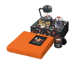 Подарочный набор c пледом, френчпрессом, чаем и медом, оранжевый