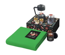 Подарочный набор c пледом, френчпрессом, чаем и медом, зеленый