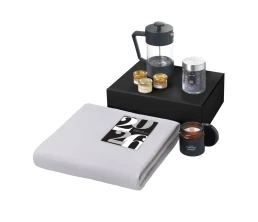 Подарочный набор c пледом, френчпрессом, чаем и медом, серый