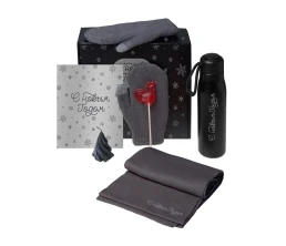 Подарочный набор с варежками, шарфом и термосом, серый