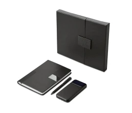 Подарочный набор "Tesla" с блокнотом А5, ручкой и пауэрбенком на 10 000 mAh, черный