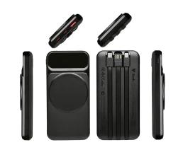 Магнитный беспроводной внешний аккумулятор со встроенными кабелями «Мэни»,быстаря зарядка, 10000 мАч, черный