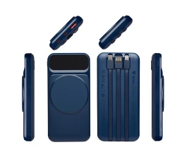 Магнитный беспроводной внешний аккумулятор со встроенными кабелями «Мэни»,быстаря зарядка, 10000 мАч, тёмно-синий