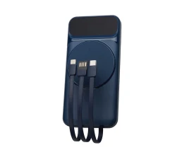 Магнитный беспроводной внешний аккумулятор со встроенными кабелями «Мэни»,быстаря зарядка, 10000 мАч, тёмно-синий