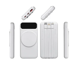 Магнитный беспроводной внешний аккумулятор со встроенными кабелями «Мэни»,быстаря зарядка, 10000 мАч, белый