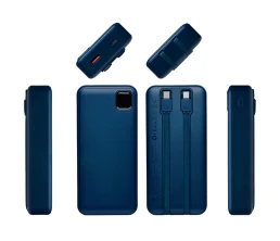 Внешний аккумулятор со встроенными кабелями «Фрэйм Про», быстрая зарядка, 20000мач, тёмно-синий