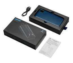 Внешний аккумулятор со встроенными кабелями «Фрэйм Про», быстрая зарядка, 20000мач, тёмно-синий