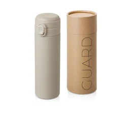 Вакуумная термокружка Waterline c кнопкой «Guard», 400 мл, тубус, бежевый