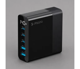 Зарядная станция 3xUSB Type-C, 2xUSB, PD, QC, 140Вт, черный, Deppa