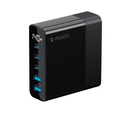Зарядная станция 3xUSB Type-C, 2xUSB, PD, QC, 140Вт, черный, Deppa