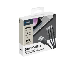Дата-кабель 3 в 1: micro USB, USB-C, Ligthning, алюминий, 1.2м, черный, Deppa