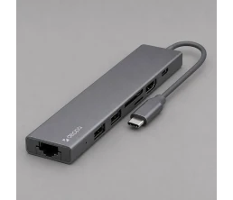 USB Type-C хаб 7-в-1, HDMI, Power Delivery, 2xUSB 3.0, RJ45, microSD/SD, графит, Deppa