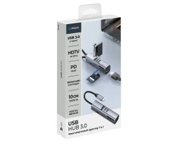 USB-хаб 7 в 1 USB-C - USB-A3.0 + 2хUSB-C + USB-C PD100Вт + HDMI + SD + microSD, серый, Deppa