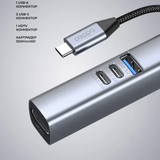 USB-хаб 7 в 1 USB-C - USB-A3.0 + 2хUSB-C + USB-C PD100Вт + HDMI + SD + microSD — фото 3